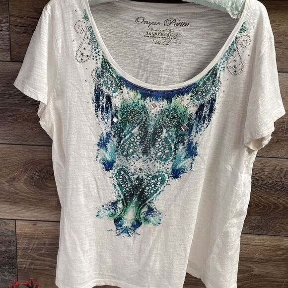 Onque Petite Ladies Top with Bling, Size PXL, White and Blue, Silver Bling - Picture 2 of 5